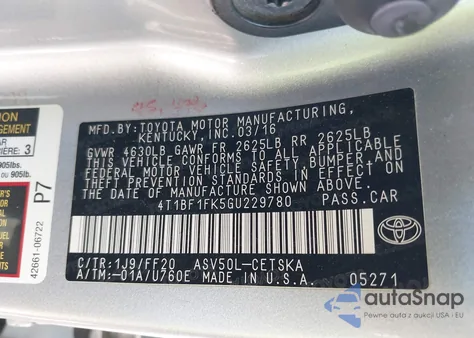 2016 Toyota Camry Se из США, поврежденный, VIN 4T1BF1FK5GU229780